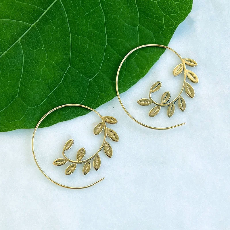 Aquamarine stud earrings-Leaf Spiral Earrings - Brass, India