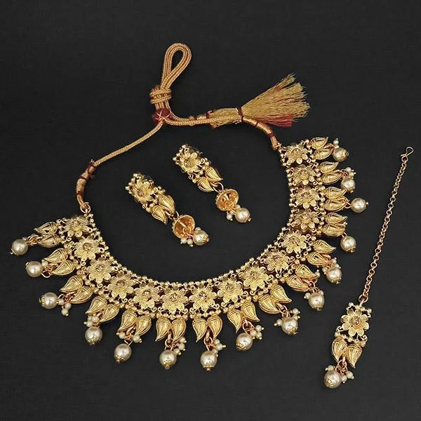 Satin gloss necklaces-Kriaa Gold Plated Brown Austrian Stone Necklace Set With Maang Tikka -1107992A