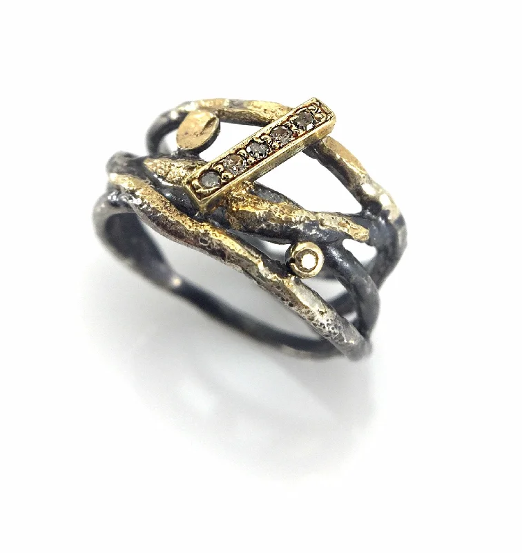 Small wing rings-Oxidized Silver, Pave set Diamonds and 22k Gold Wrap Ring