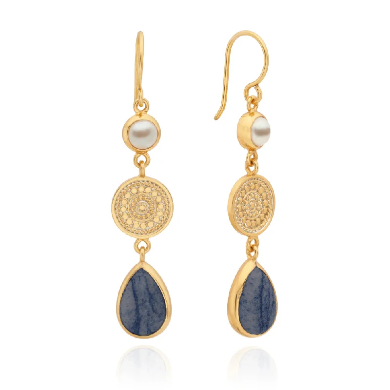 Bold hoop earrings-Anna Beck Dumortierite and Pearl Triple Drop Earrings