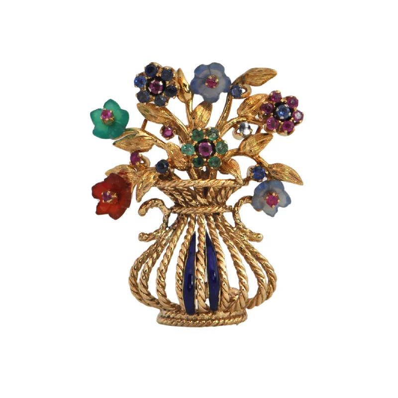 New moon brooch-Retro Multi Gem Gardinetto (Flower Basket) 18K Gold Brooch 'Italy'