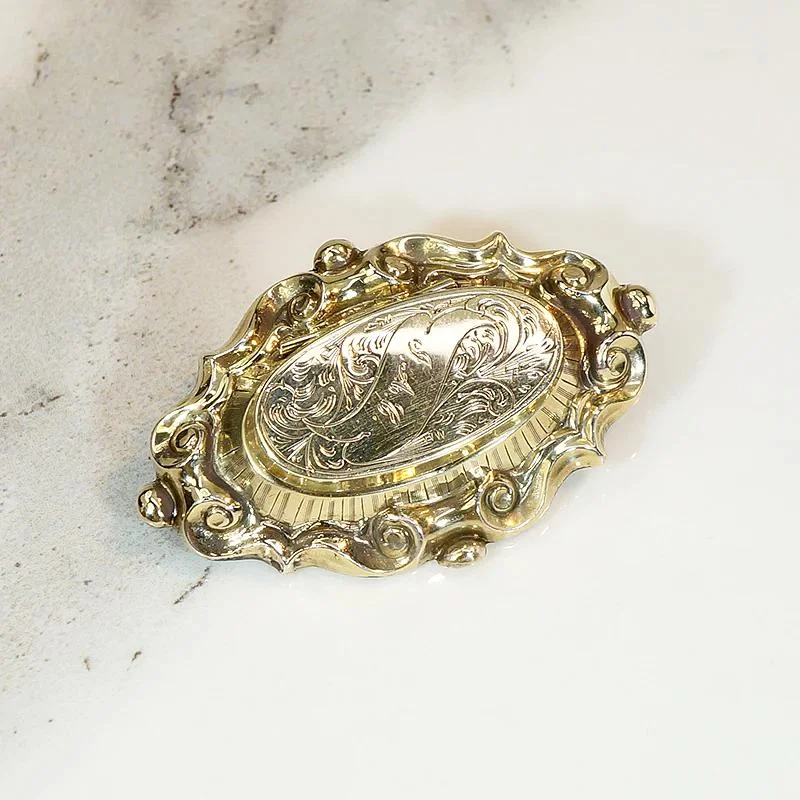 Small floral brooch-Engraved Victorian 12k Gold Locket Brooch