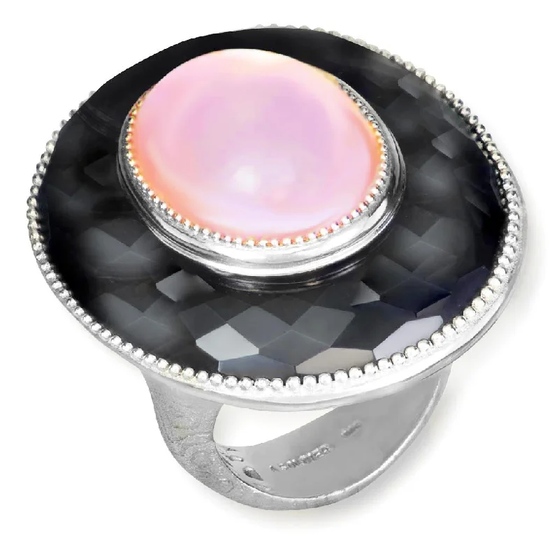 Dual-metal rings-Silver Galactica Ring with Rose Quartz, Mother of Pearl & Hematite