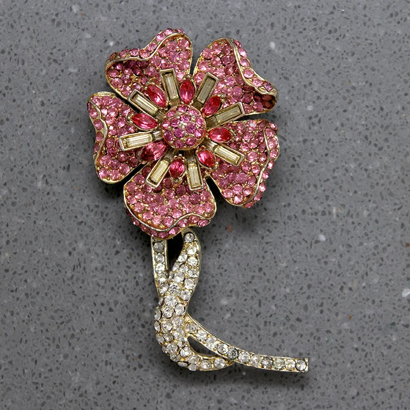 Worn bronze brooch-Cheerful Pink & White Rhinestone Flower Brooch