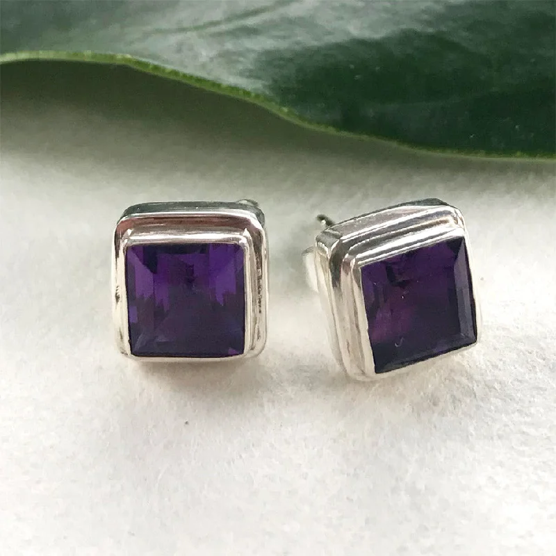 Cotton cord earrings-Amethyst Biru Studs - Sterling Silver, Indonesia