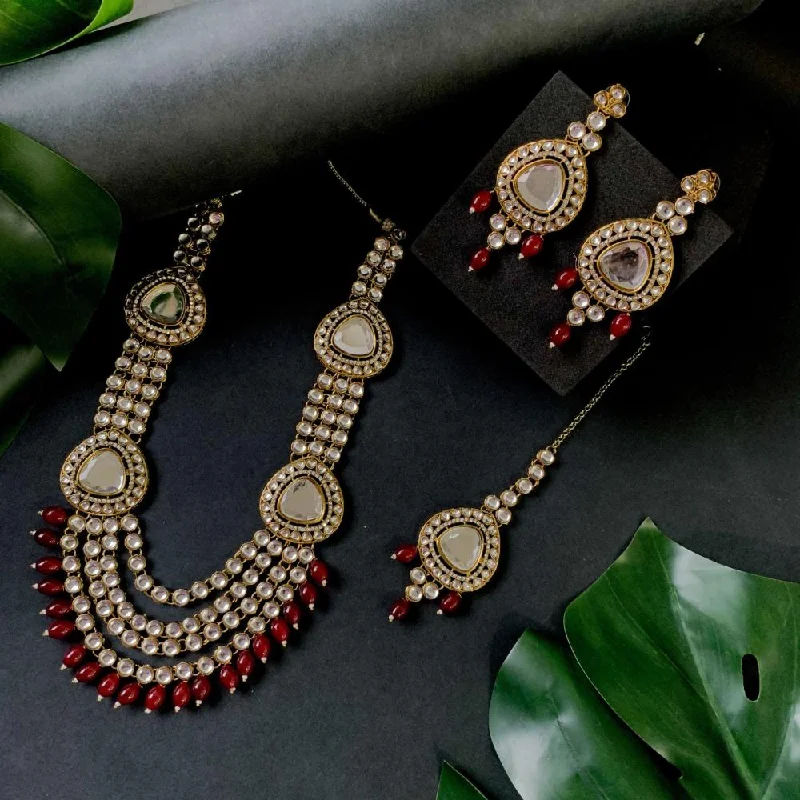 Vine braid necklaces-Etnico Gold Plated Traditional Multi Layered Pearl Kundan Bridal Necklace Jewellery with Dangle Earrings & Maang Tikka Set For Women/Girls (IJ387) (Maroon)