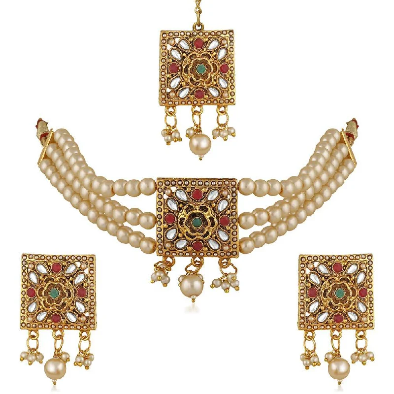 Emerald gem necklaces-Mahi White Kundan & Artificial Pearl Traditional Choker Necklace Earring & Maangtikka Set For Women (VNCJ100248)