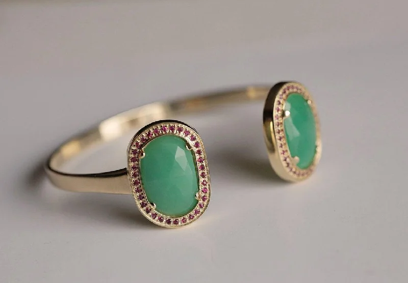 Solid pearl bangles-Wide Cuff Gold Bracelets with Chrysoprase Gems & Ruby Halos