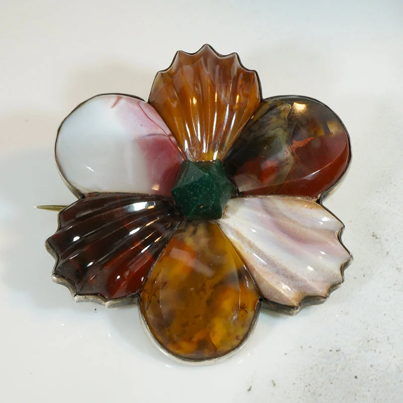 Tiny star brooch-Scottish Flower Pebble Brooch with Carved Agate Petals