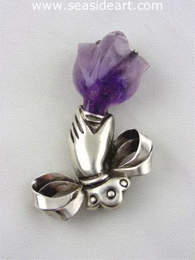 Patina bronze brooch-William Spratling Hand Amethyst Tulip Flower Sterling Silver Brooch