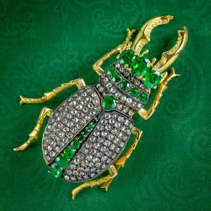 Turquoise gem brooch-Edwardian Style Emerald Diamond Stag Beetle Brooch 3ct Of Emerald