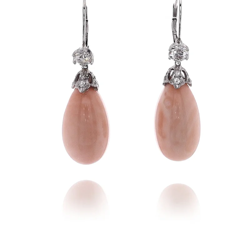 Topaz stone earrings-Estate 18 Karat White Gold Coral and Diamond Drop Earrings