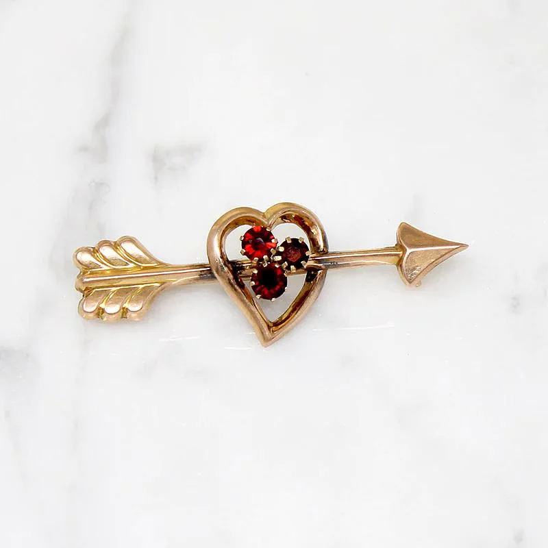 Silk thread brooch-Love Token Rosy Gold & Garnet Pierced Heart Brooch