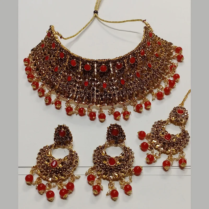 Vivid druzy necklaces-Kumavat Jewels Gold Plated Kundan Stone And Beads Traditional Choker Necklace Set with Maang Tikka