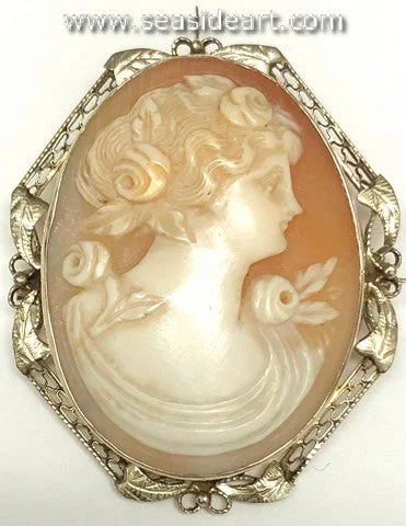 Bold floral brooch-14K White Gold Shell Cameo Brooch