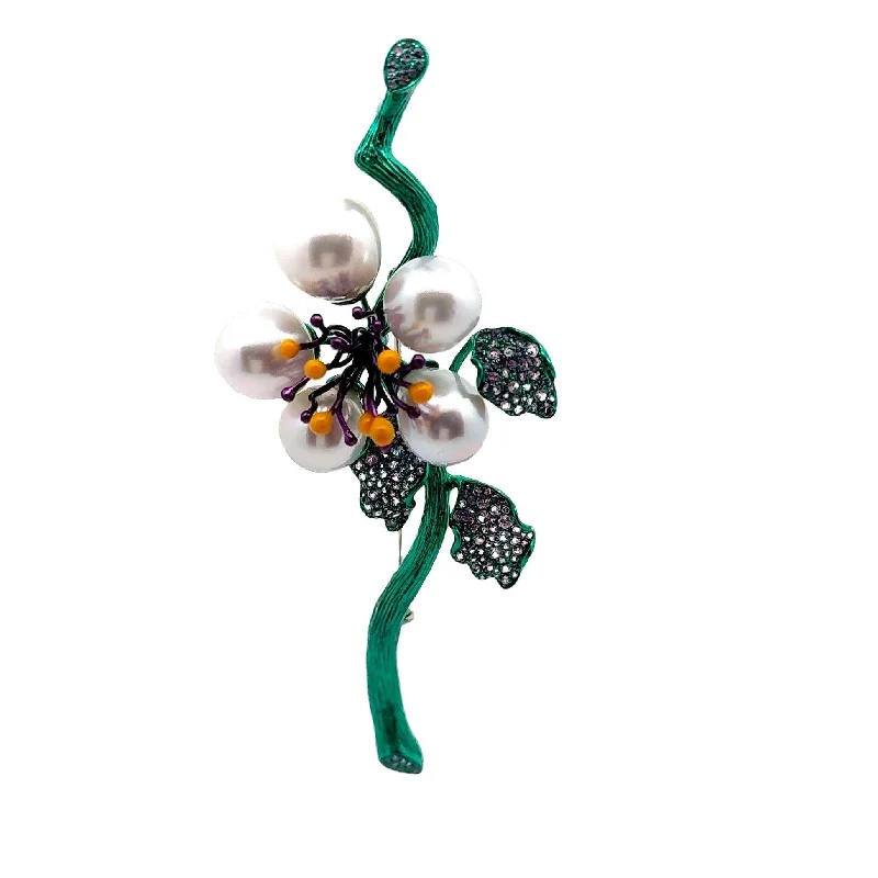 Pinch clasp brooch-South Sea Pearl Sapphire 18k Gold & Green-Rhodium Floral Brooch