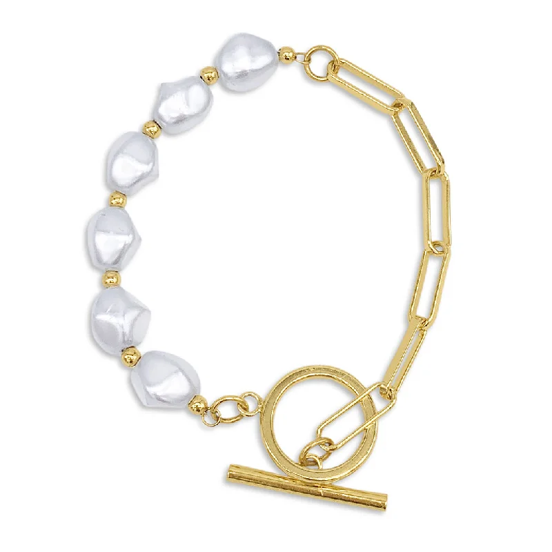 Carved charm bangles-14k Gold Plated Chain Toggle Pearl Bracelet