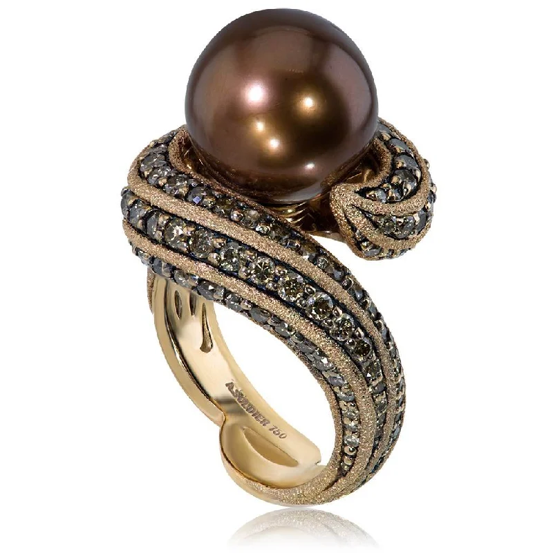 Wide gold rings-Gold Twist Ring With Chocolate Pearl & Diamonds