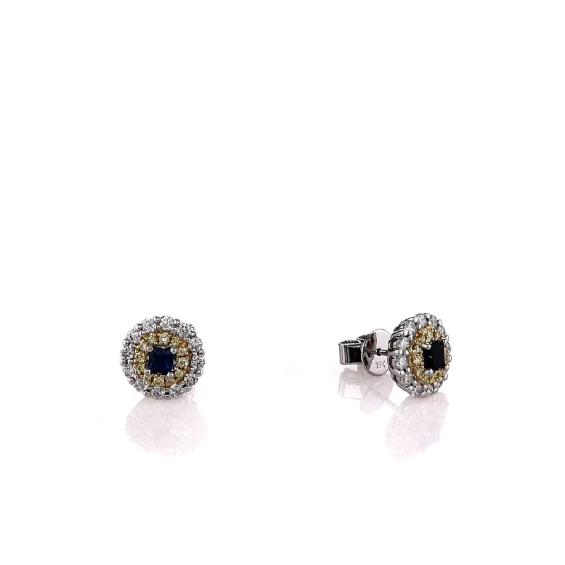 Petal design earrings-18k Two-Tone Sapphire and Yellow/White Diamond Double Halo Stud Earrings