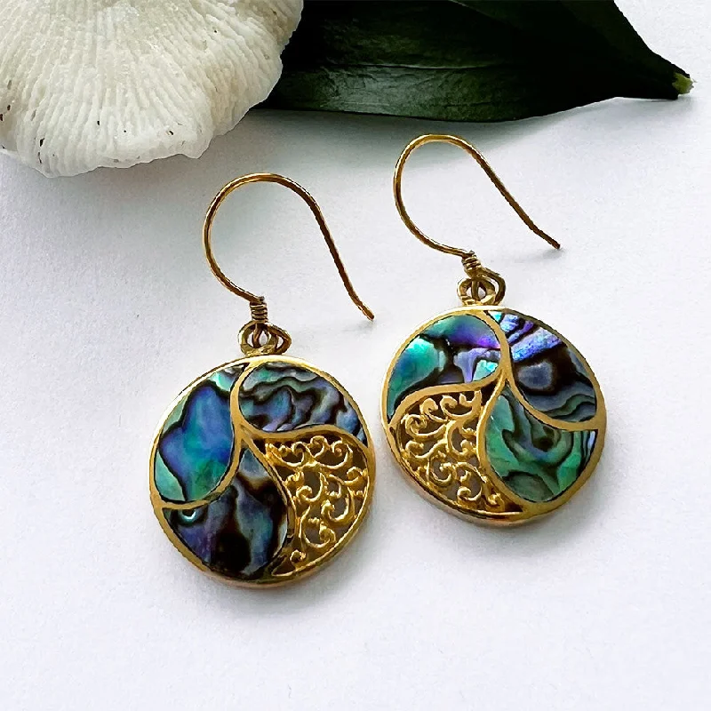 Swirl shape earrings-Abalone Filigree Earrings - Brass, Indonesia