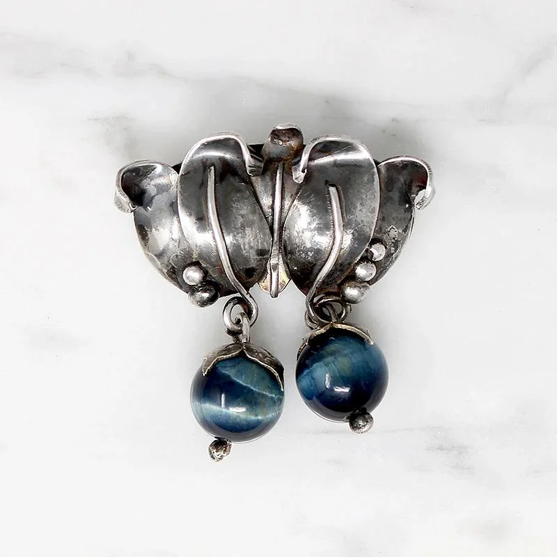 Dainty silver brooch-Blueberries Sterling & Blue Cat's Eye Brooch