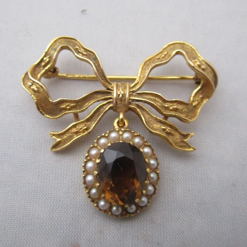 Rough texture brooch-9K Gold Citrine And Seed Pearl Bow Brooch Pin Antique Victorian c1900