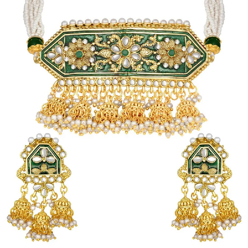 Crystal weave necklaces-Etnico Traditional Gold Plated Kundan Pearl Meena Work Choker Jewellery set with Jhumkis For Women (ML185G)