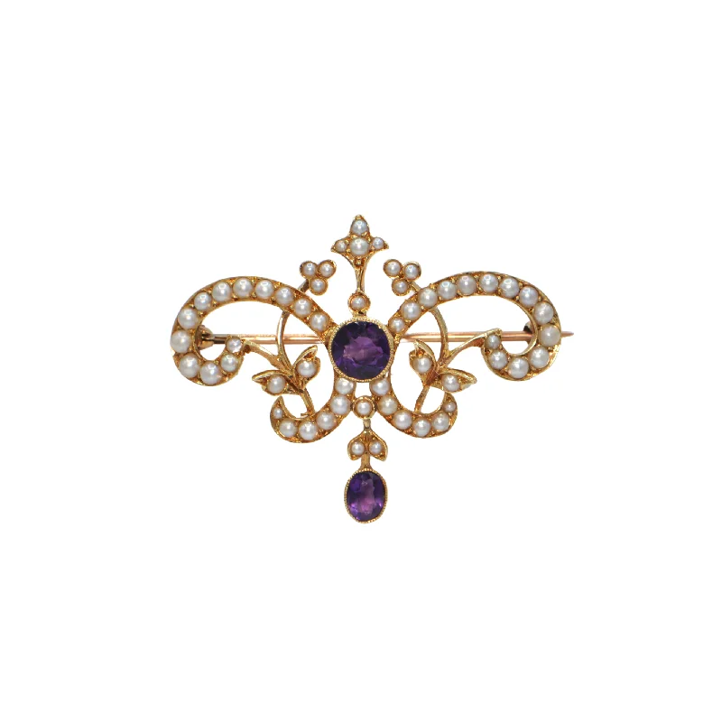 Dainty silver brooch-Edwardian English Amethyst and Seed Pearl 15K Gold Brooch