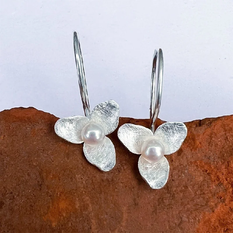 Subtle drop earrings-Delicate Flower and Pearl Earrings - Sterling Silver, Indonesia