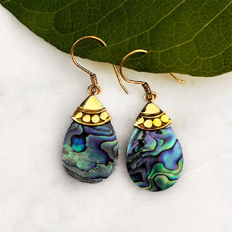 Bold hoop earrings-Abalone Teardrop Earrings - Brass, Indonesia