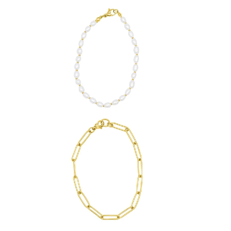 Bold gem bangles-Tarnish Resistant 14k Gold Plated Freshwater Pearl and Paperclip Chain Bracelet Set