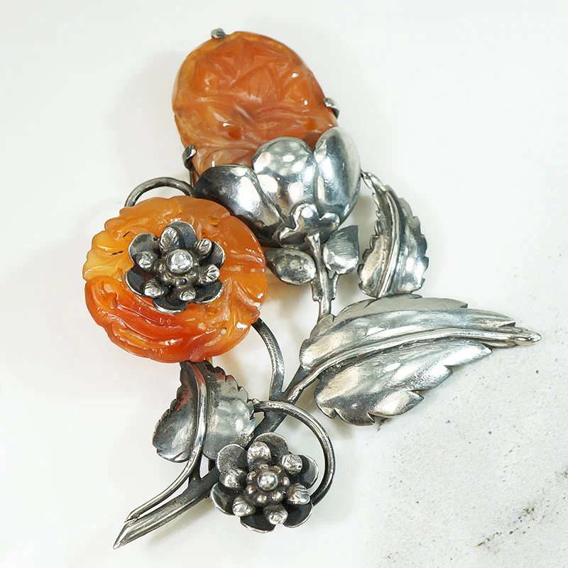 Daisy design brooch-Sterling Nosegay Brooch with Carved Carnelian