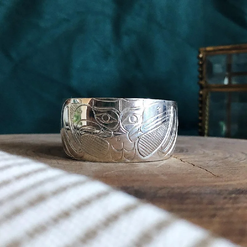 Wide chain bangles-Extra Wide Silver Totem Cuff - Raven & Eagle