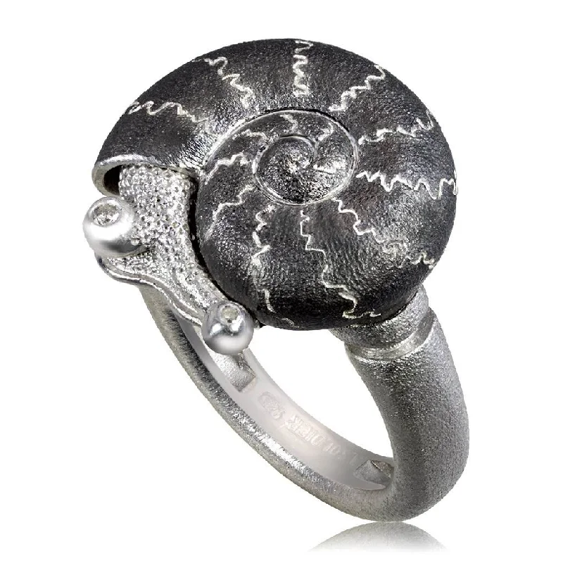 Gothic charm rings-Silver Little Snail Ring with Diamonds