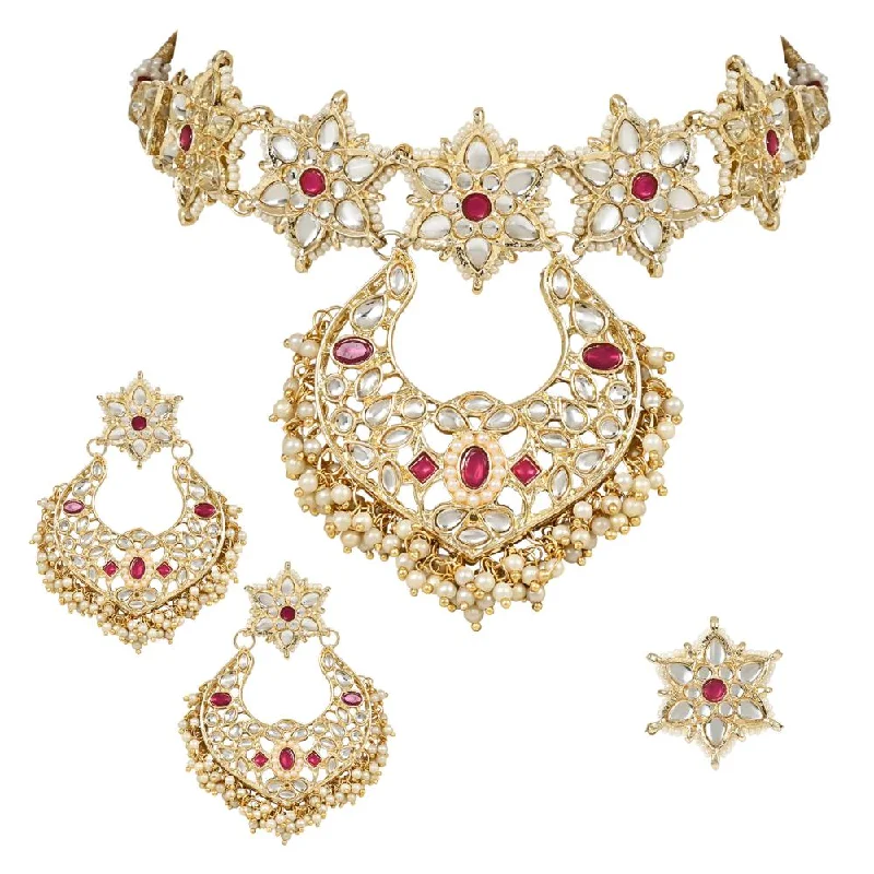 Vibrant enamel necklaces-Etnico Gold Plated Traditional Handcrafted Stone Studded Pearl Choker Necklace Jewellery Set With Earrings & Finger ring For Women And Girls (K7243Q)