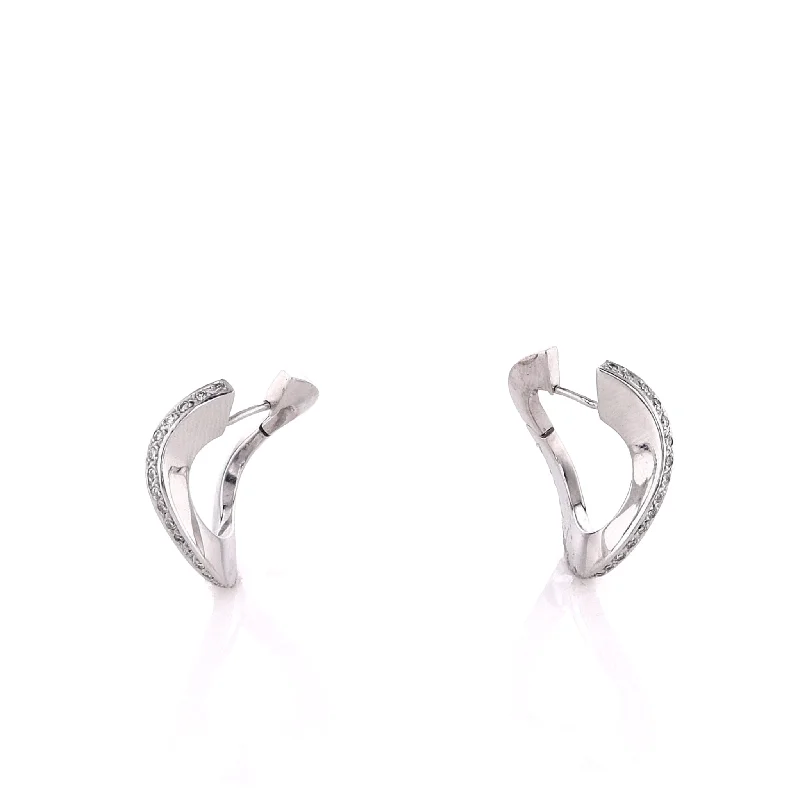 Textured disc earrings-Estate 18k White Gold Freeform Design Diamond Hoop Earrings