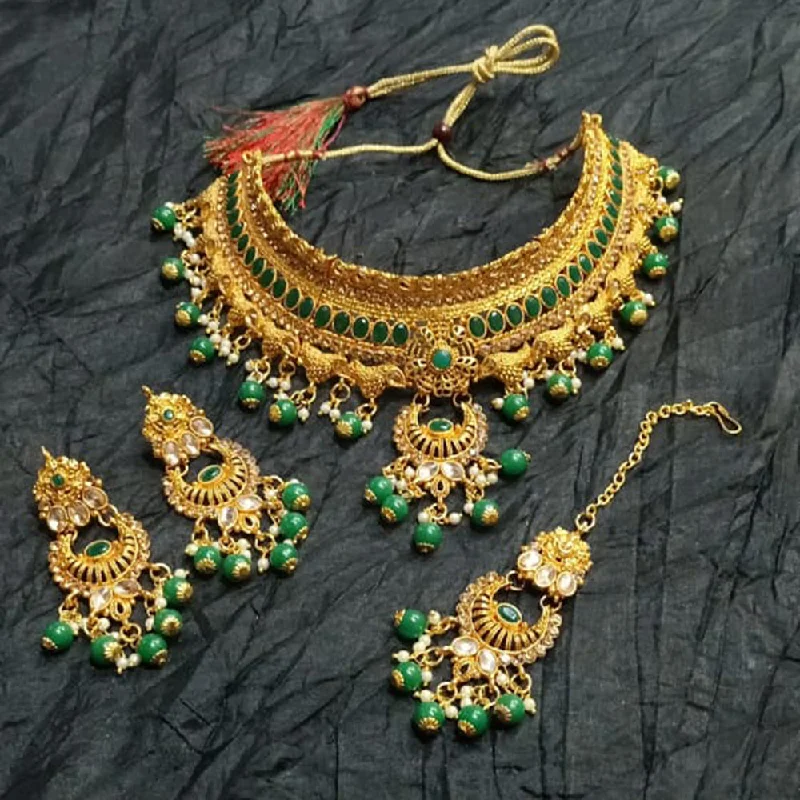 Drape-style necklaces-Kumavat Jewels Gold Plated Kundan Stone And Beads Traditional Choker Necklace Set with Maang Tikka