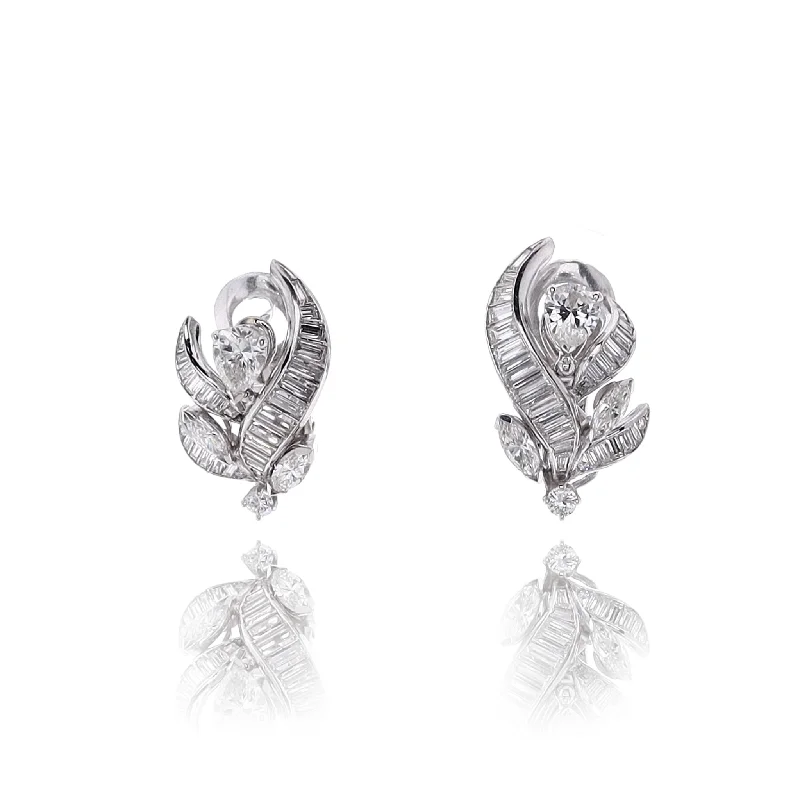 Subtle drop earrings-Estate Platinum Spray Design Diamond Omega Back Earrings