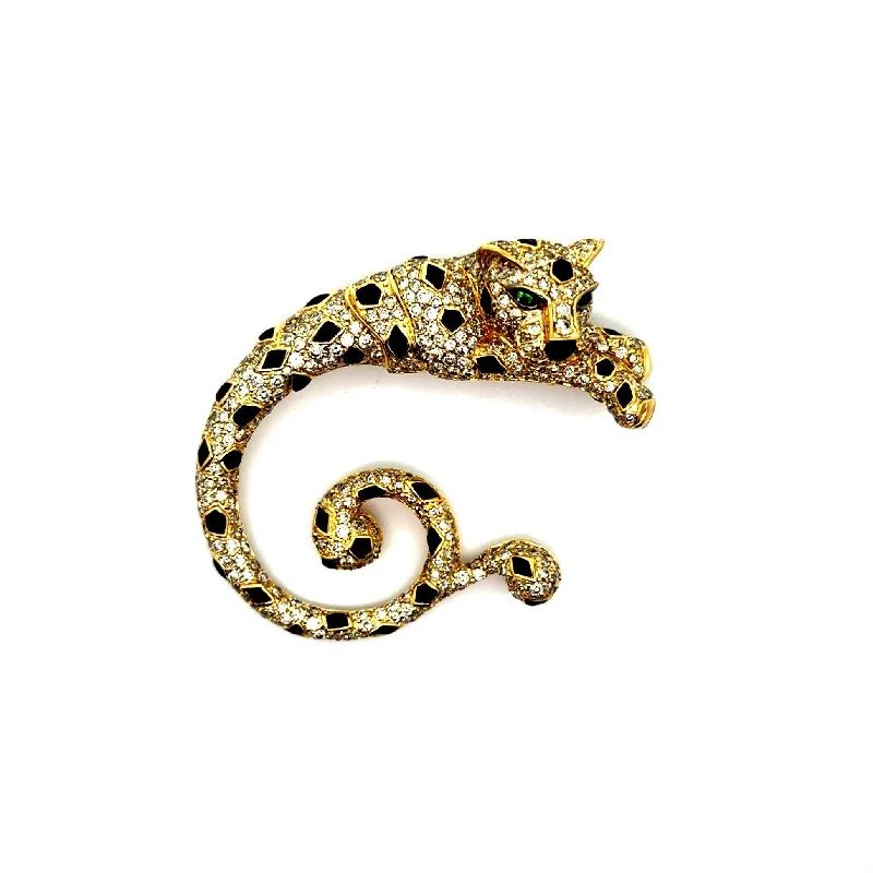 High gloss brooch-Diamond 18k Yellow Gold Onyx Tsavorite Leopard Brooch & Pendant