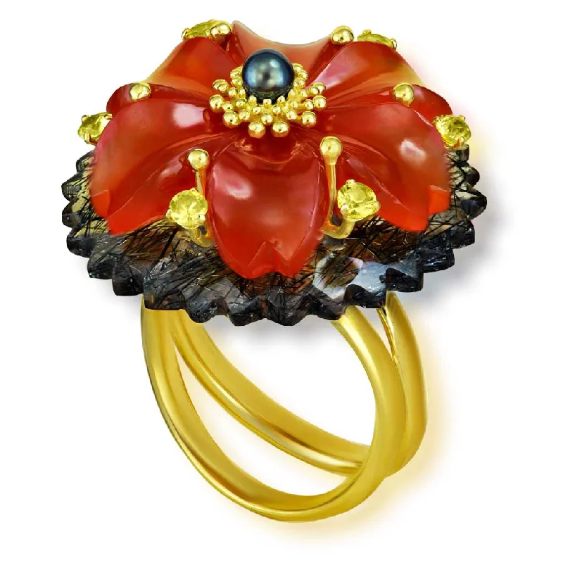 Bold cocktail rings-Gold Blossom Ring with Carnelian & Rutilated Quartz