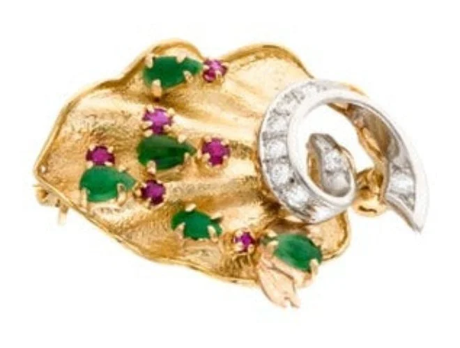 Bear charm brooch-Antique 18K Yellow White Gold Diamond Ruby Green Jadeite Brooch Pin