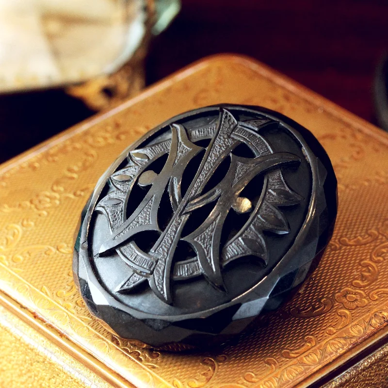 Cotton cord brooch-Victorian Whitby Jet 'IMO' Brooch