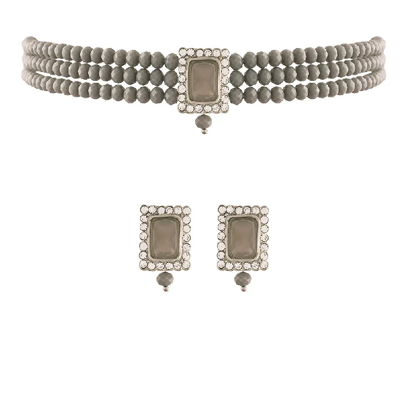 Luxe gem necklaces-Etnico 18K Rhodium Plated Crystal Stone Beaded Choker Necklace Jewellery Set With Earrings (ML237ZGr)