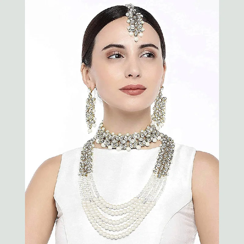 Thick bar necklaces-Etnico 18K Gold Plated Traditional 5 Layers Kundan & Pearl Beaded Moti Raani Haar Necklace Jewellery Set For Women (ML164WCO)