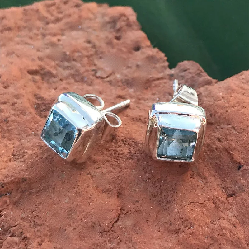 Thin threader earrings-Blue Topaz Biru Studs, Indonesia