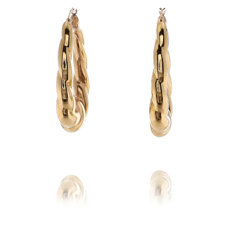 Bead braid earrings-Estate 14 Karat Yellow Gold Twist Design Oval Hoop Earrings