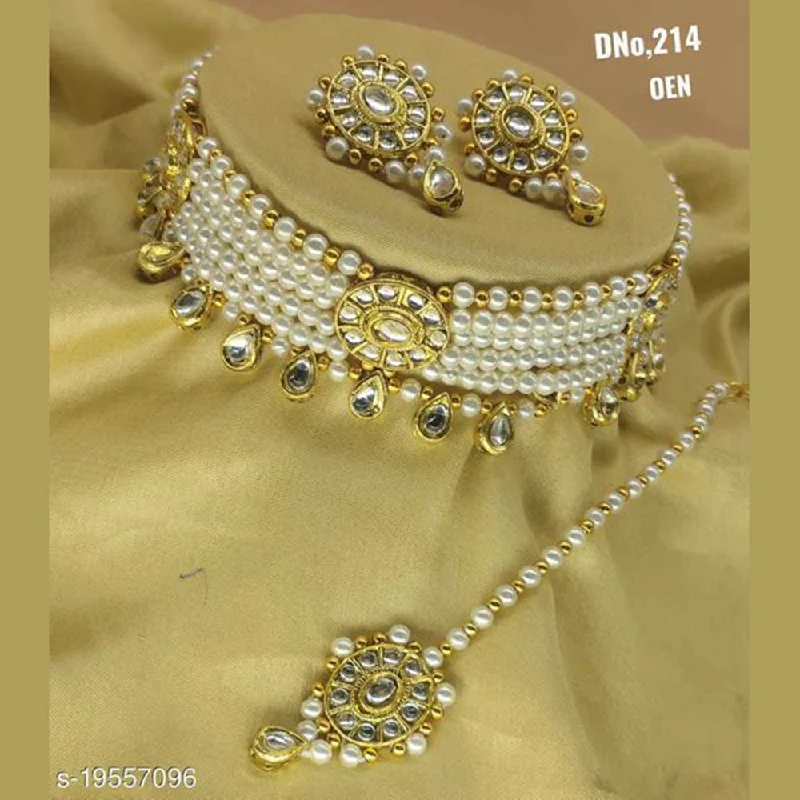 Regal diamond necklaces-Lucentarts Jewellery Kundan Stone & Beads Gold Plated Necklace Set