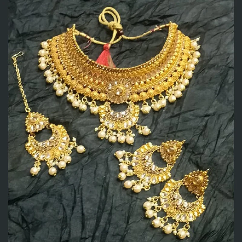 Smooth pendant necklaces-Kumavat Jewels Gold Plated Kundan And Beads Traditional Choker Necklace Set with Maang Tikka