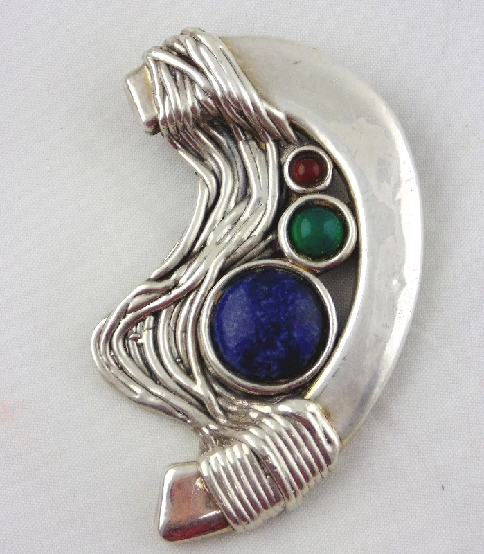 Textured leaf brooch-Bat Ami Sterling Silver Brooch with Round Gemstones-Made in Israel