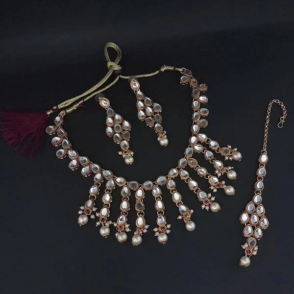 Spinel necklaces-Kriaa Gold Plated White Kundan And Pearl Necklace Set With Maang Tikka - 1107979A